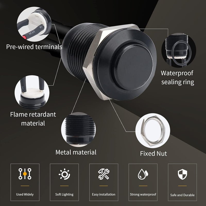 STARELO 5pcs 12mm Momentary Push Button Switch Black Shell with pre-Wiring, IP65 Waterproof Push Button Switch,Aluminum Alloy 1 Normally Open Without LED. - Image 5